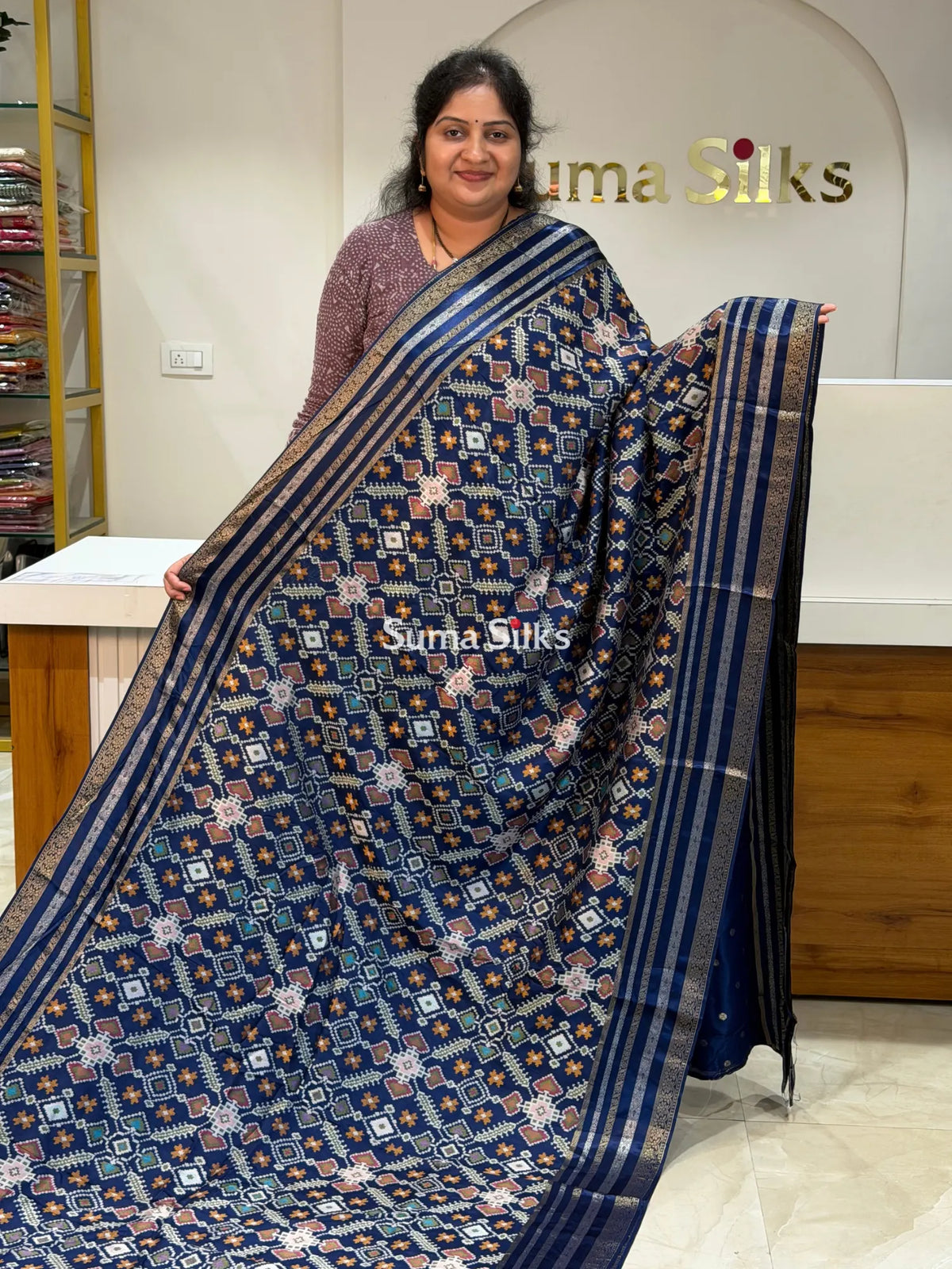 Moonga Crepe Navratan Patola Saree Blue Color