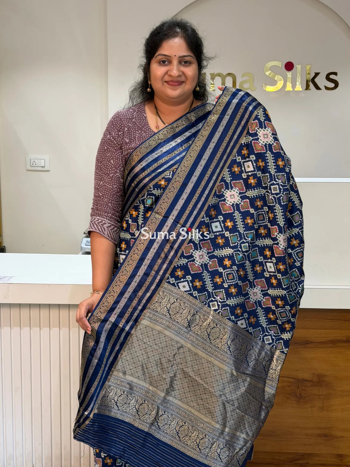 Moonga Crepe Navratan Patola Saree Blue Color