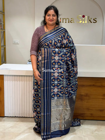 Moonga Crepe Navratan Patola Saree Blue Color