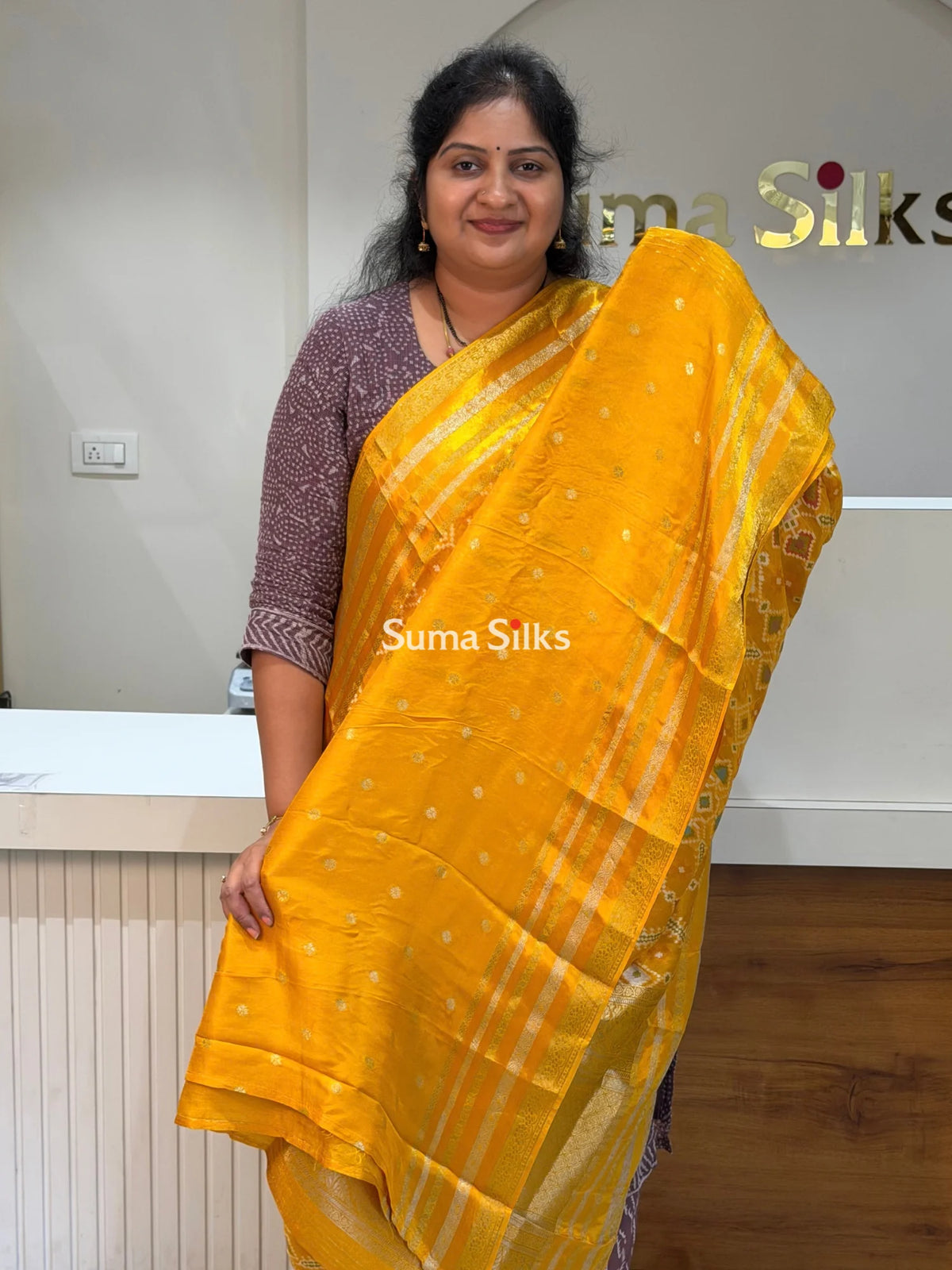 Moonga Crepe Navratan Patola Saree Yellow Color