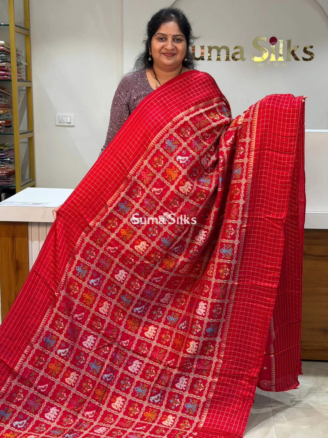 Moonga Crepe Patola Checks Border Saree Red Color