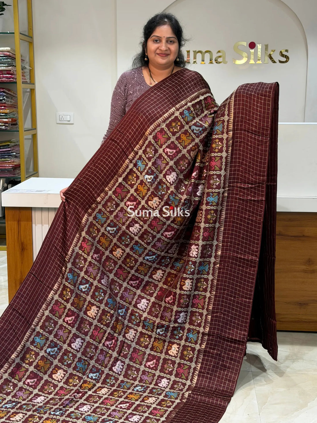 Moonga Crepe Patola Checks Border Saree Wine Color