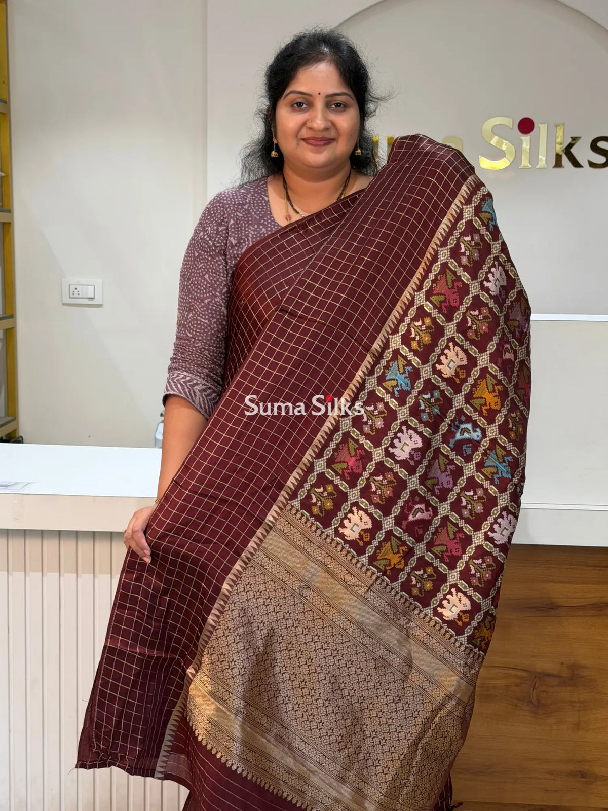 Moonga Crepe Patola Checks Border Saree Wine Color