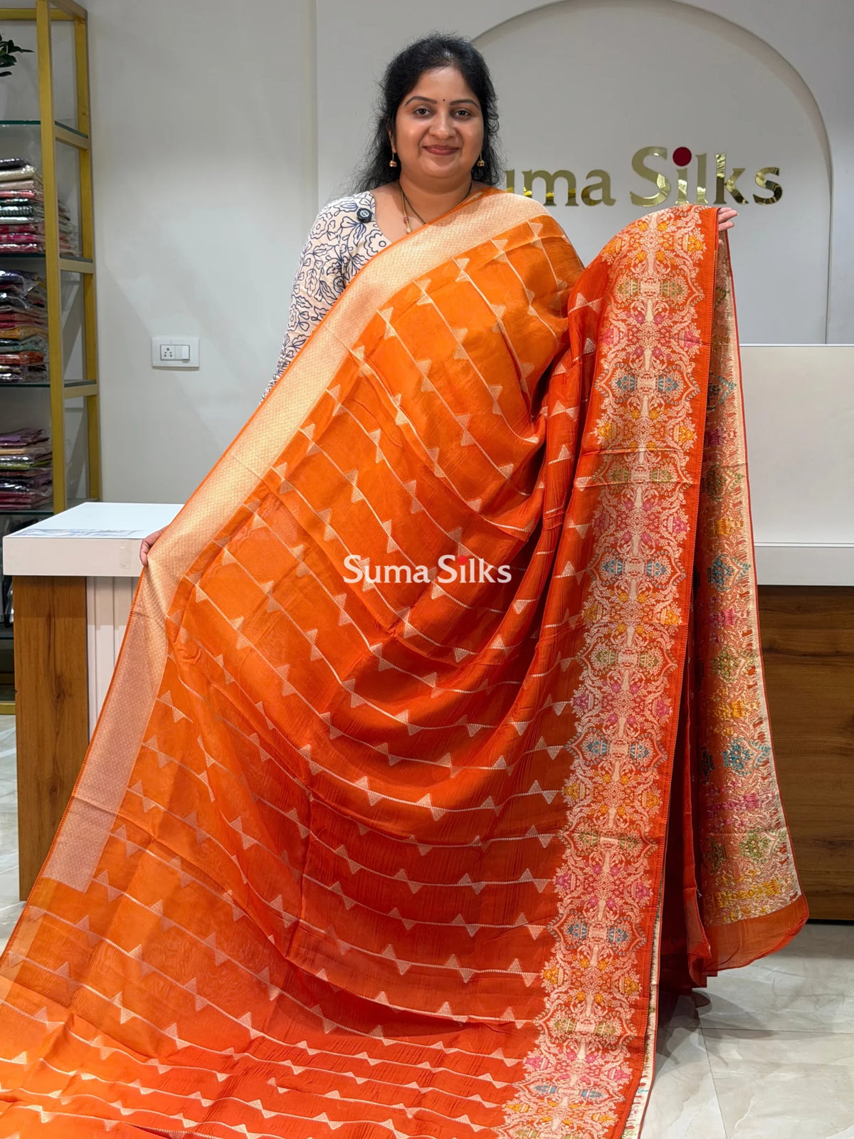Moonga Crepe Silk Saree Orange Color