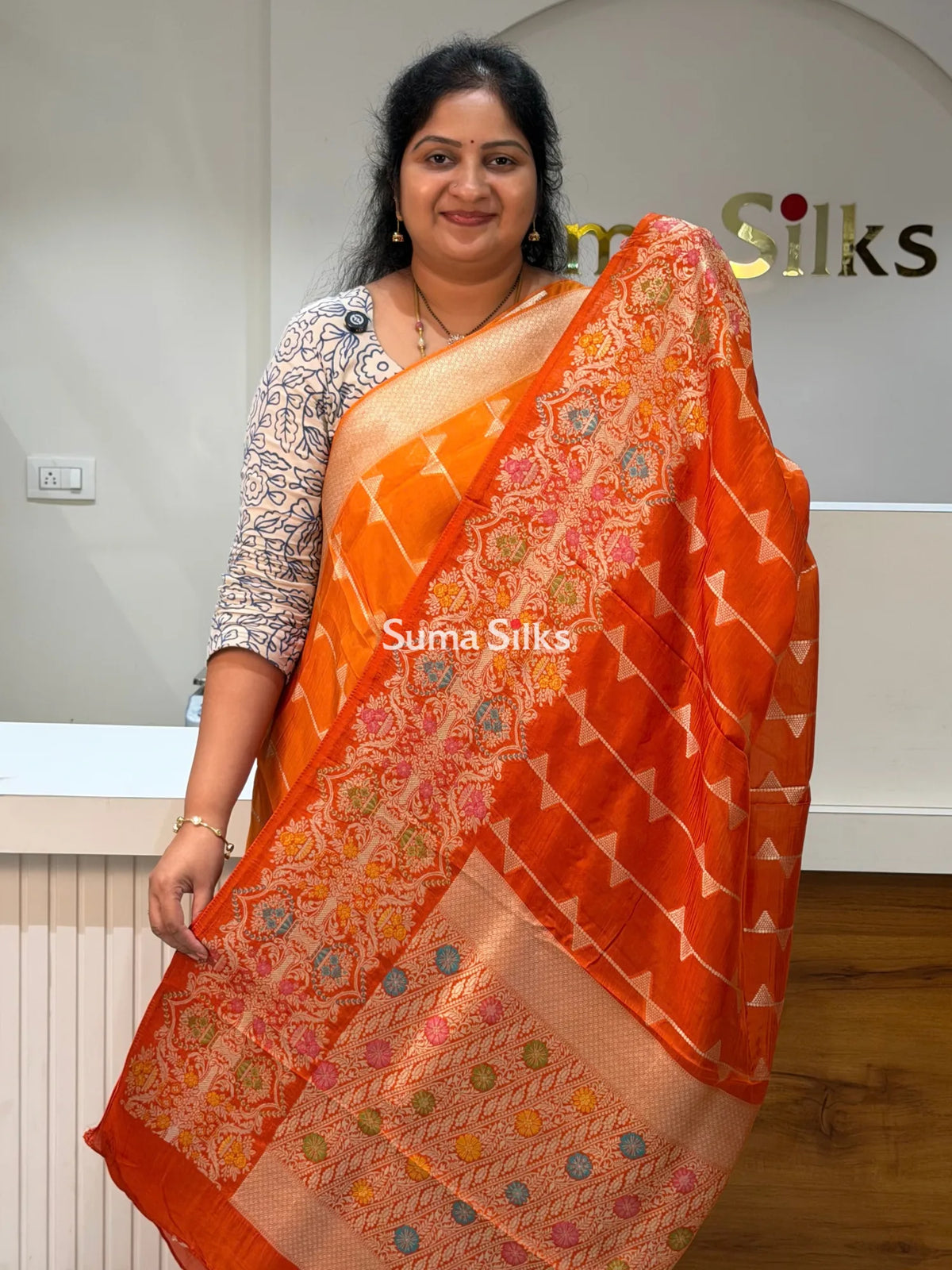 Moonga Crepe Silk Saree Orange Color