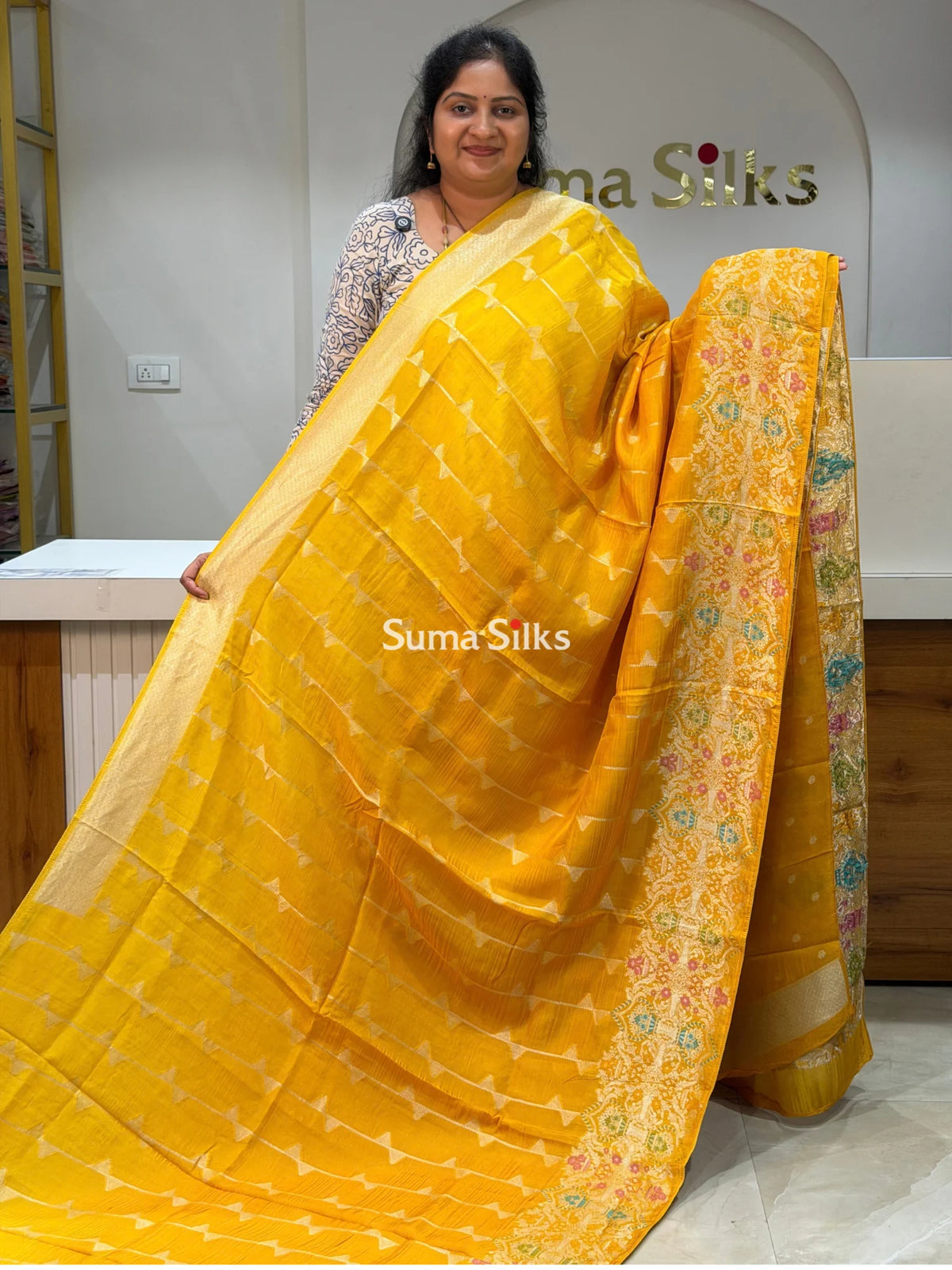 Moonga Crepe Silk Saree Yellow Color