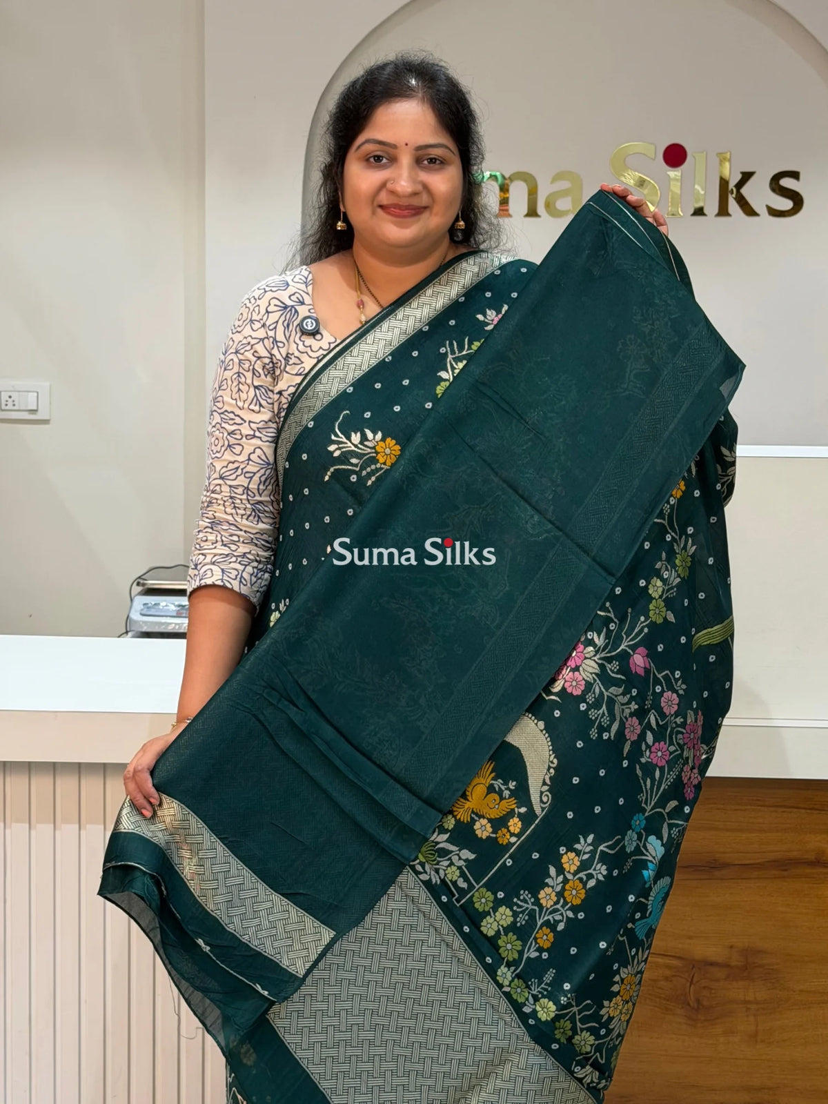Moonga Tussar Bandhani Saree Bottle Green Color