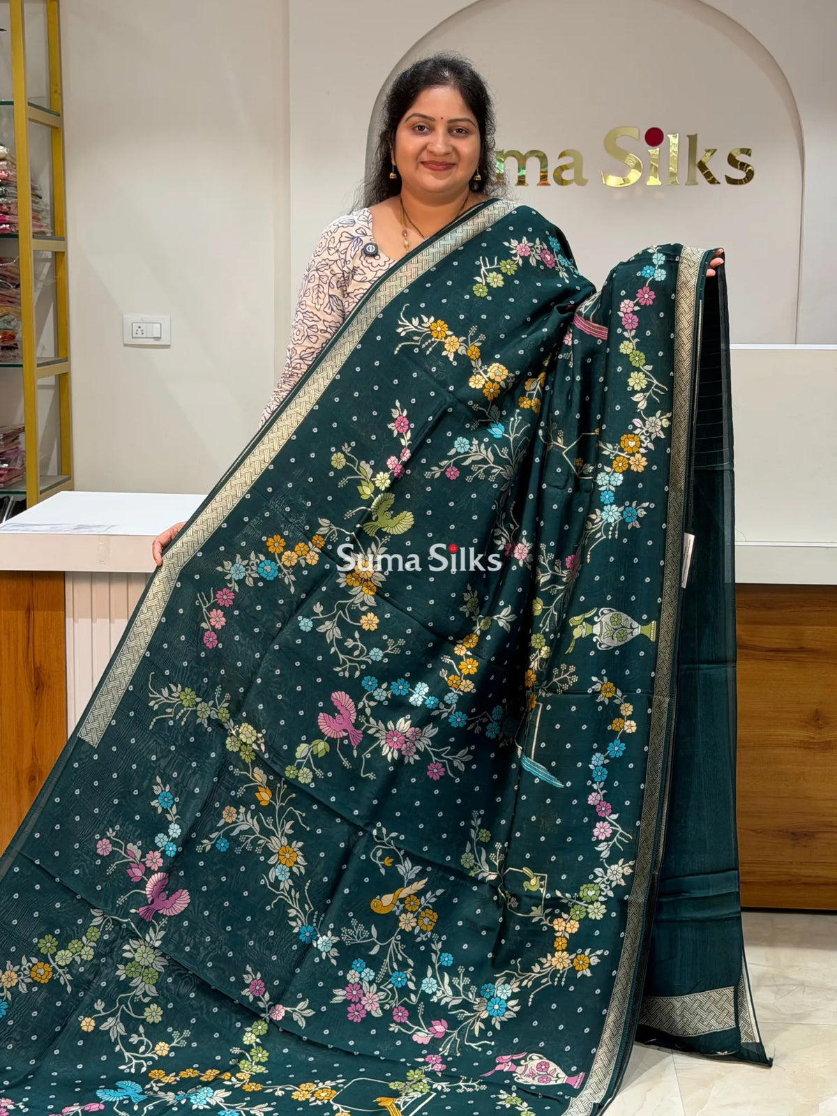 Moonga Tussar Bandhani Saree Bottle Green Color