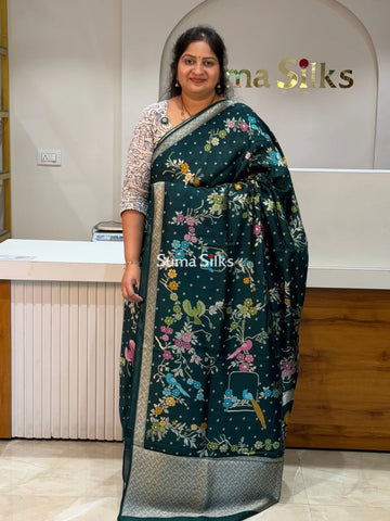 Moonga Tussar Bandhani Saree Bottle Green Color