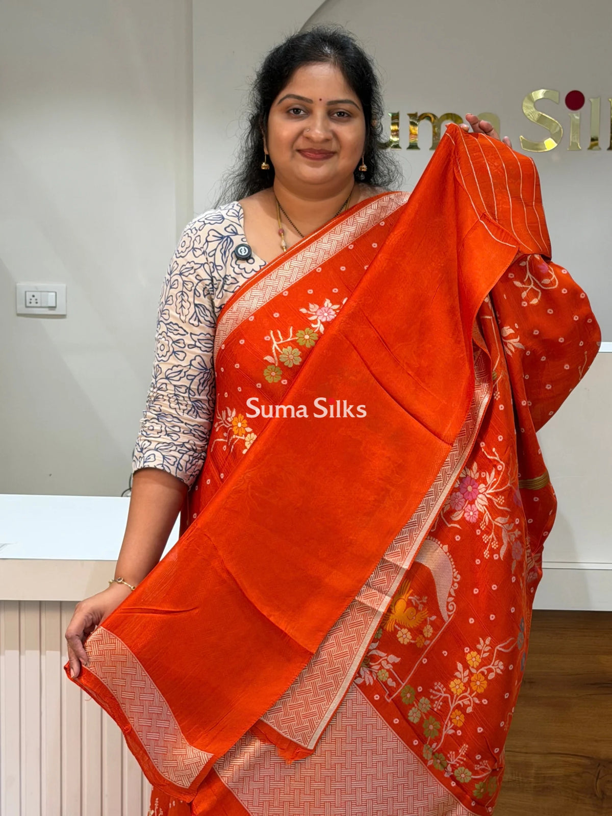 Moonga Tussar Bandhani Saree Orange Color