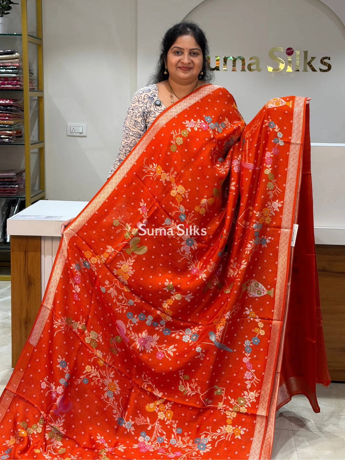 Moonga Tussar Bandhani Saree Orange Color