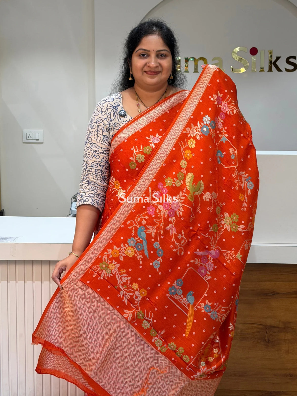 Moonga Tussar Bandhani Saree Orange Color