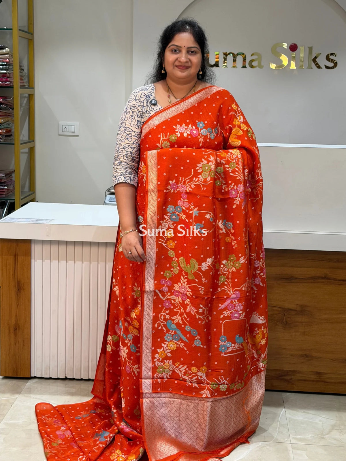Moonga Tussar Bandhani Saree Orange Color