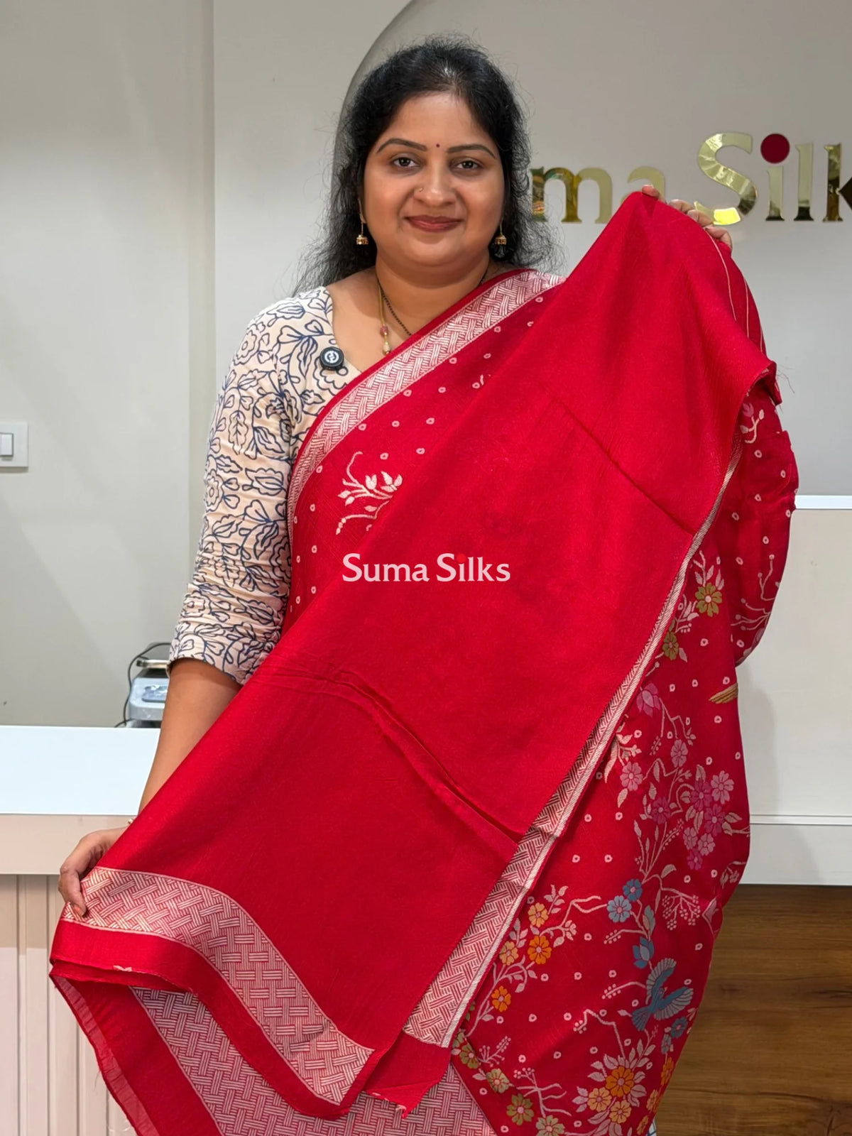 Moonga Tussar Bandhani Saree Red Color