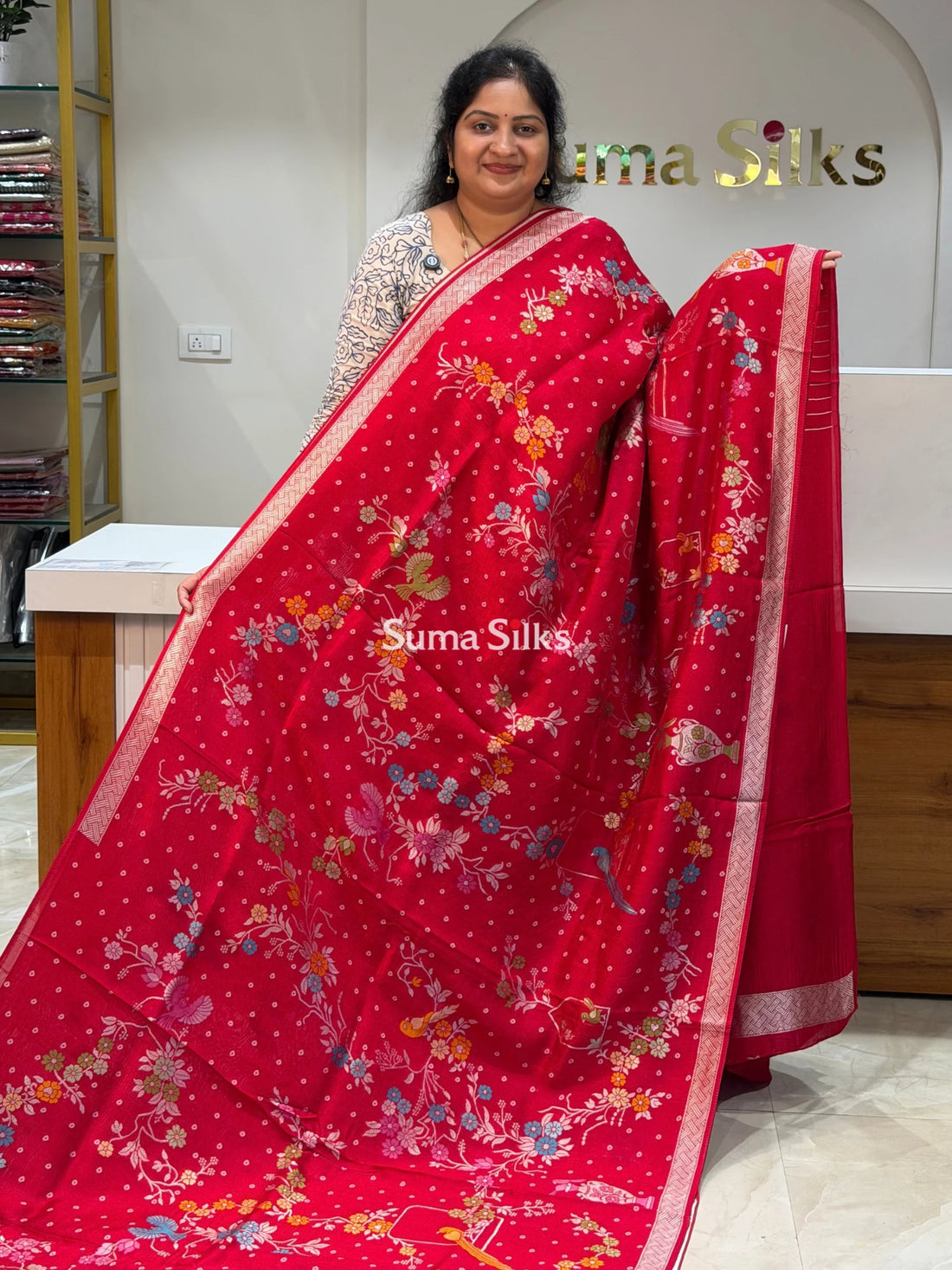 Moonga Tussar Bandhani Saree Red Color