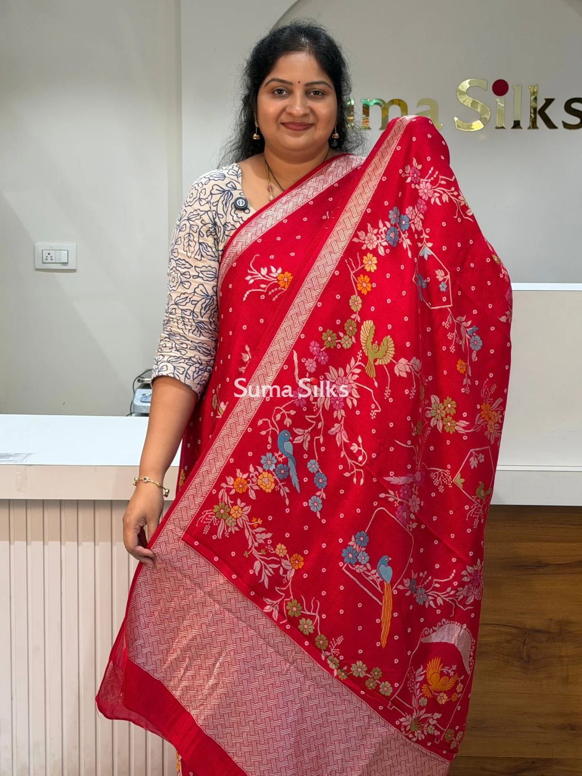 Moonga Tussar Bandhani Saree Red Color