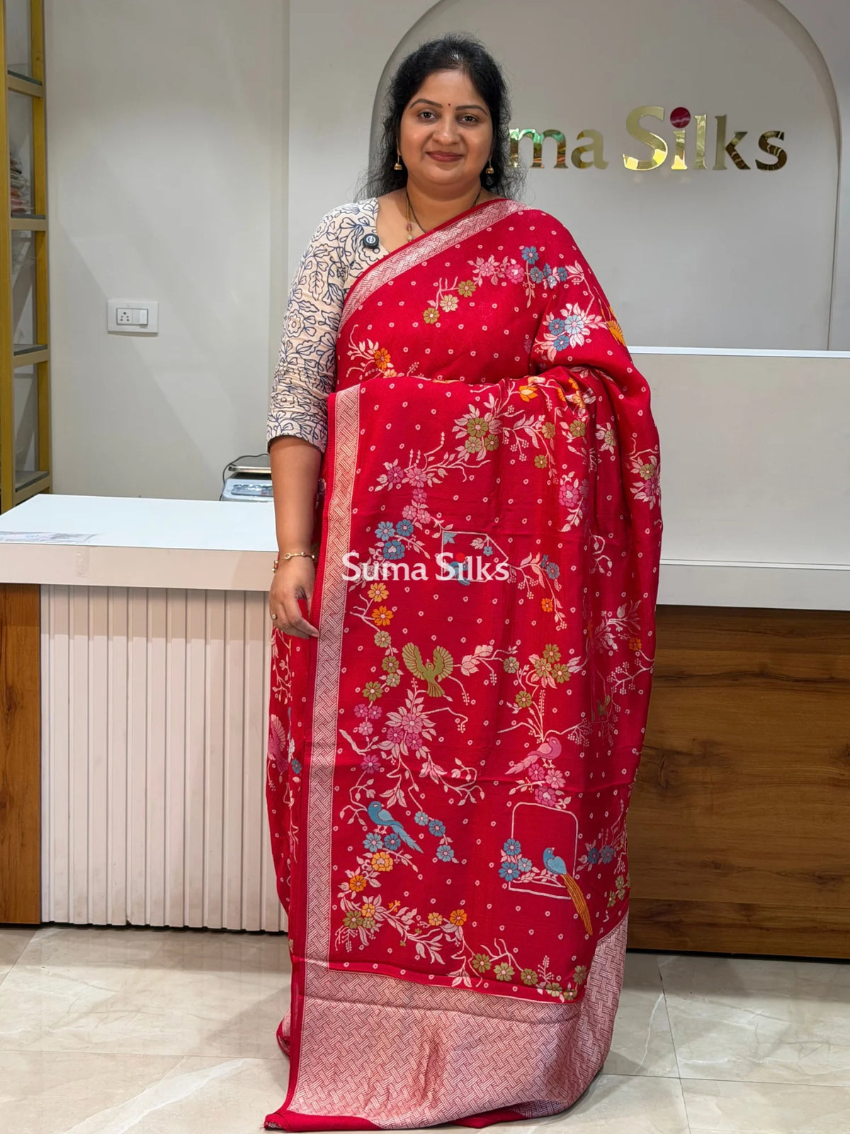 Moonga Tussar Bandhani Saree Red Color