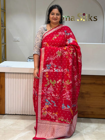 Moonga Tussar Bandhani Saree Red Color