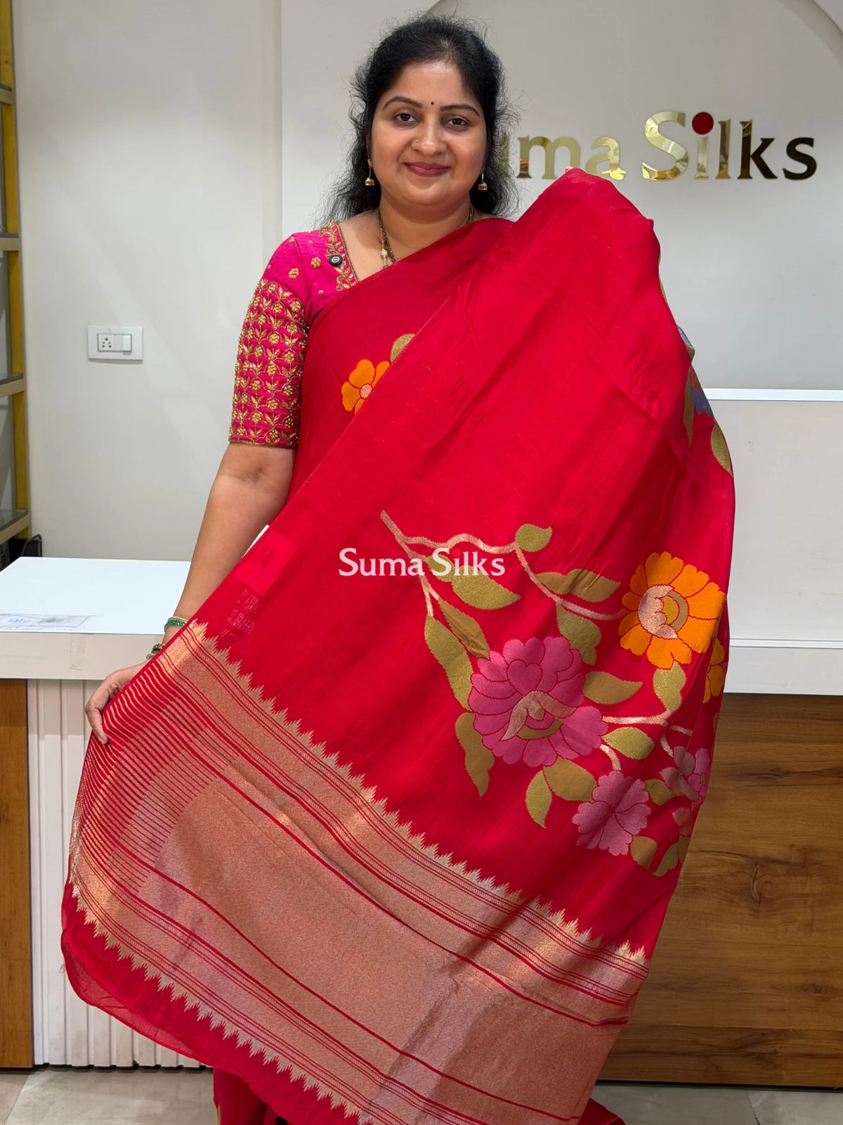 Viscose Crepe Floral Red Color Blouse