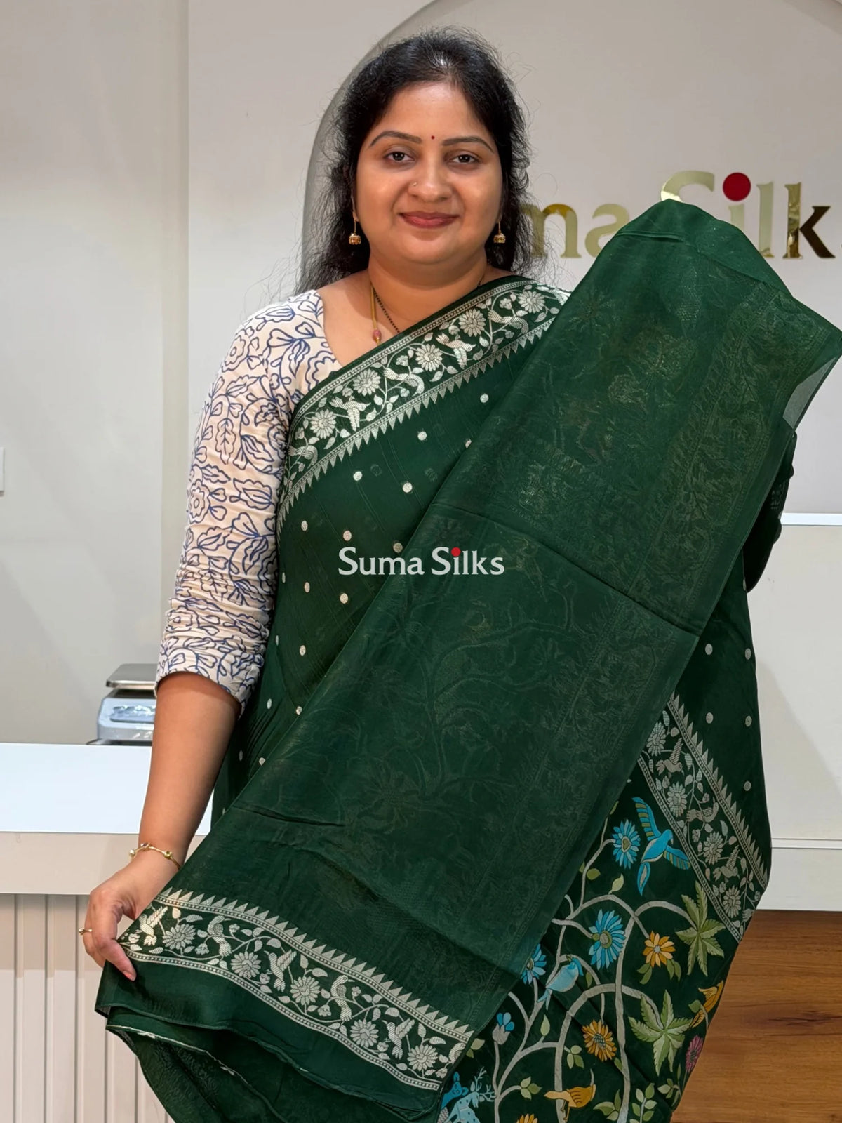 Moonga Tussar Georgette Saree Bottle Green Color
