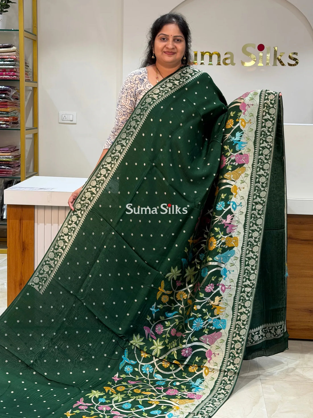 Moonga Tussar Georgette Saree Bottle Green Color