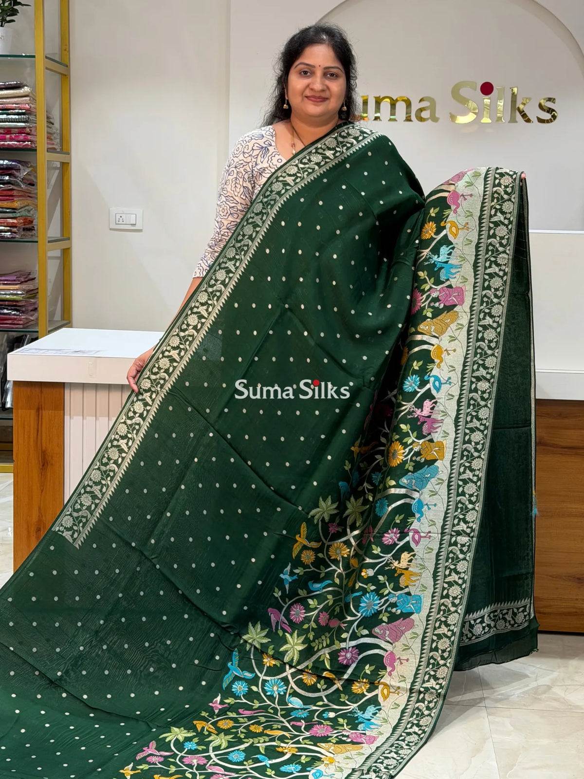 Moonga Tussar Georgette Saree Bottle Green Color