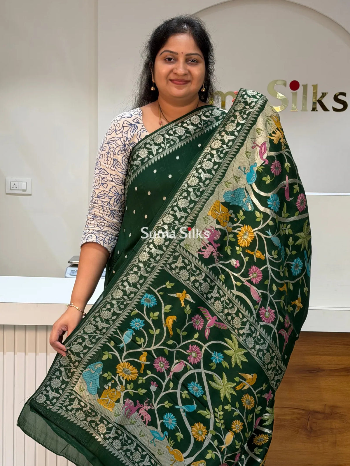 Moonga Tussar Georgette Saree Bottle Green Color