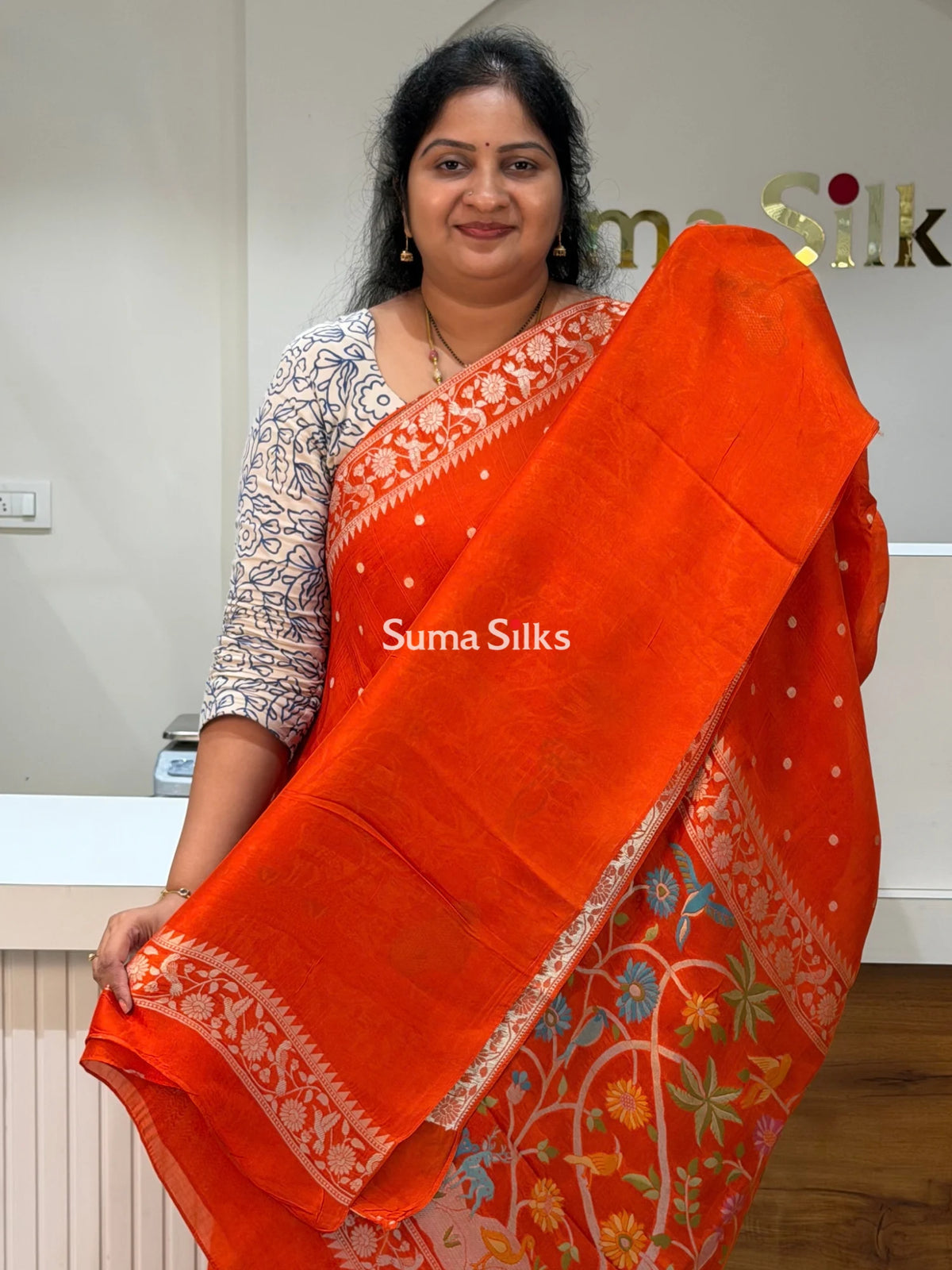 Moonga Tussar Georgette Saree Orange Color