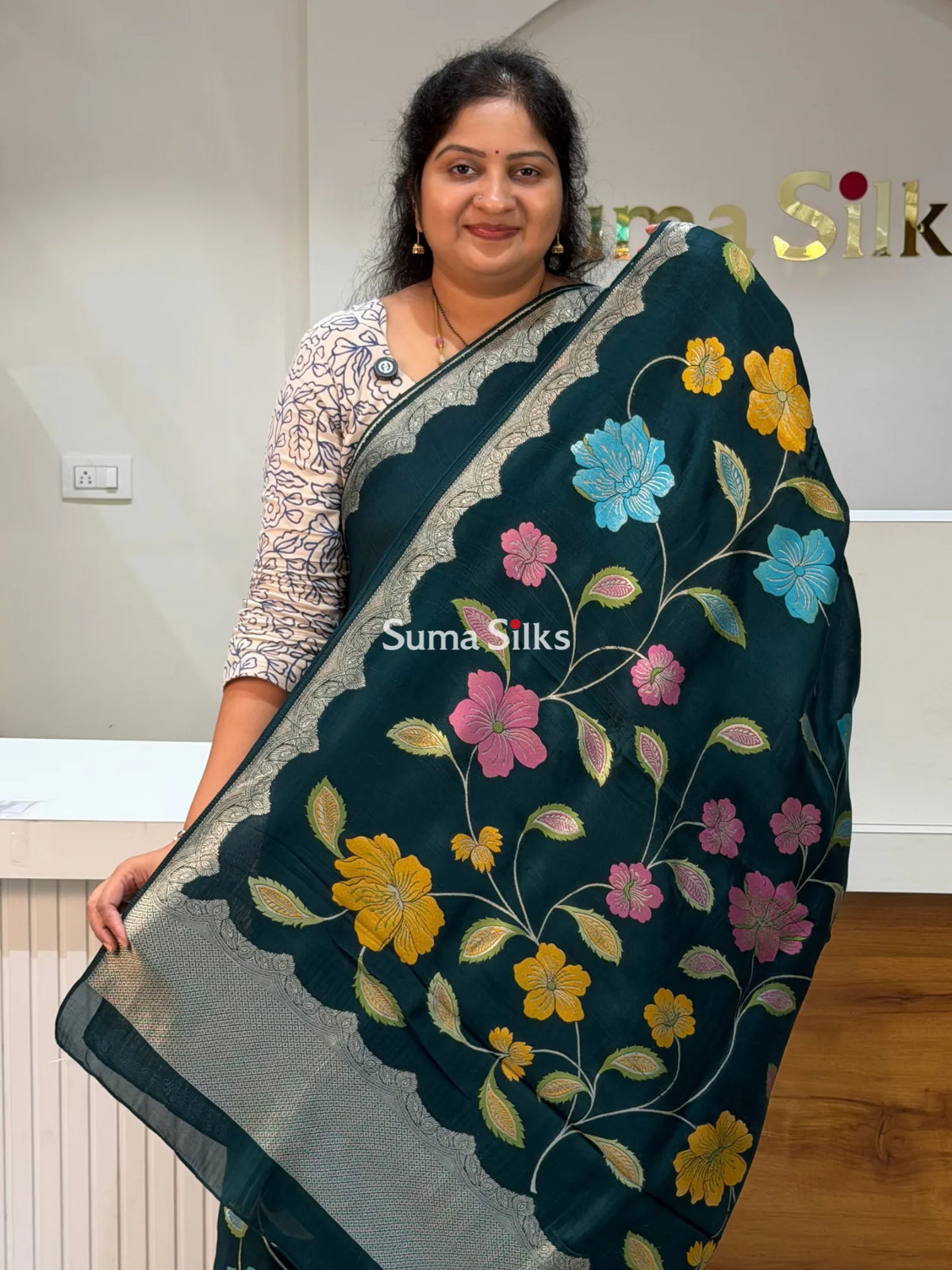 Moonga Tussar Scalap Border Bottle Green Color