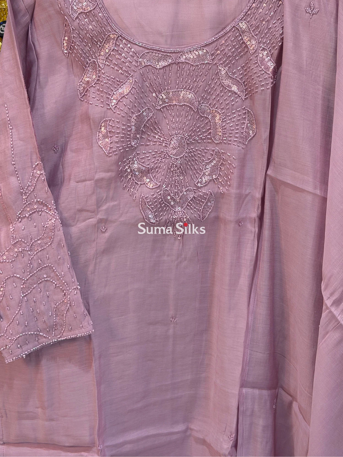 Mul Chanderi Readymade Suit Set Lavender Color