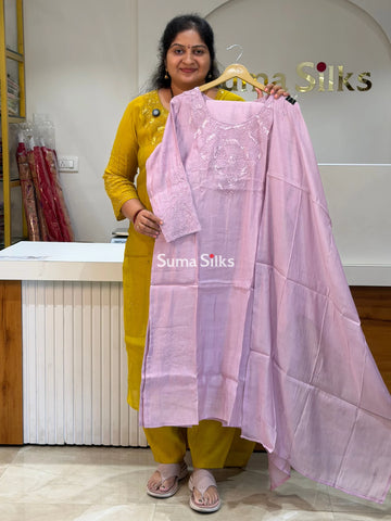 Mul Chanderi Readymade Suit Set Lavender Color