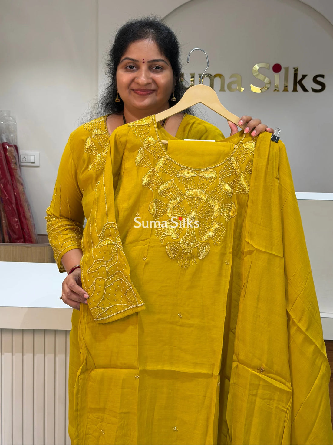 Mul Chanderi Readymade Suit Set Yellow Color