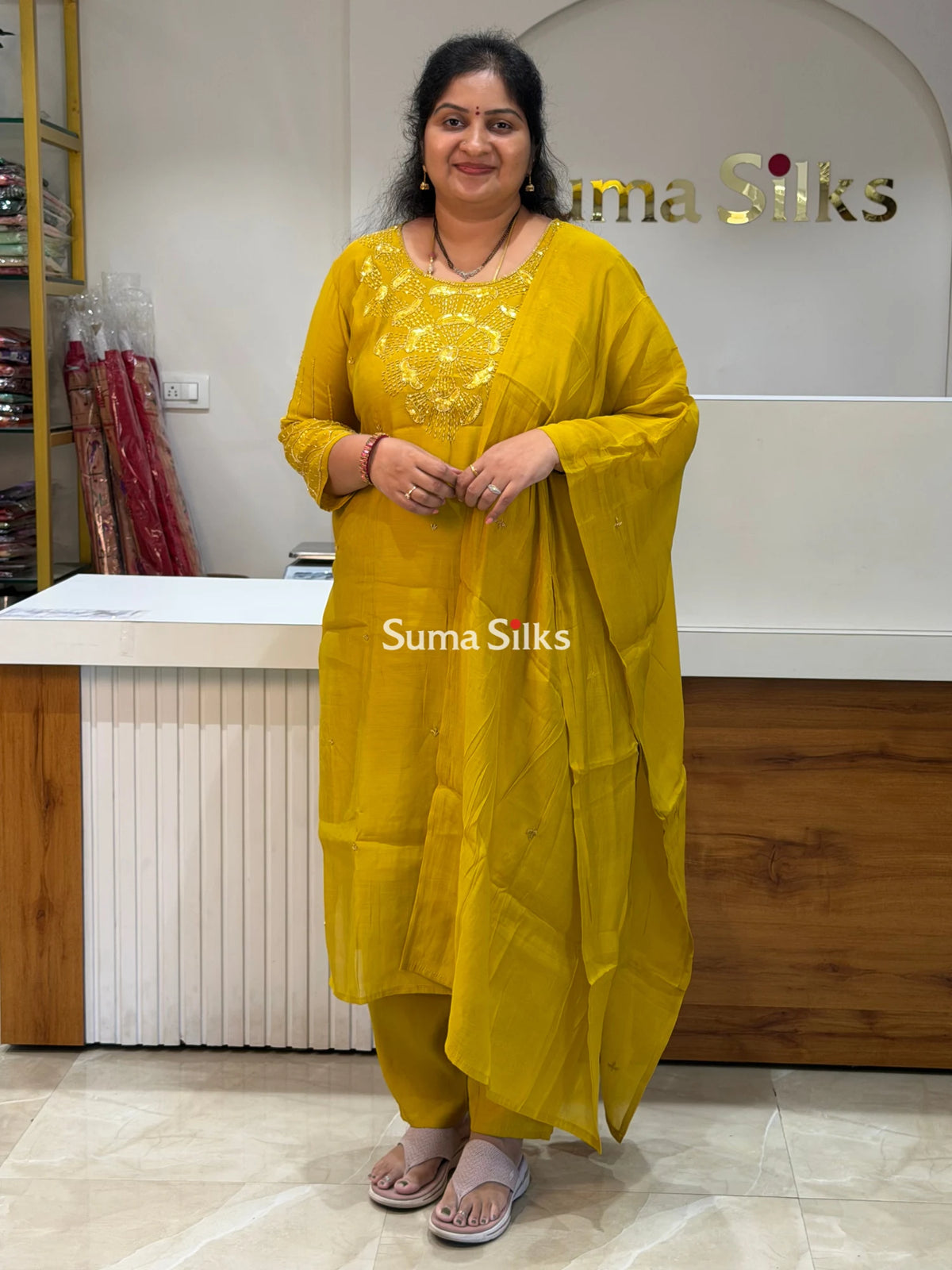 Mul Chanderi Readymade Suit Set Yellow Color