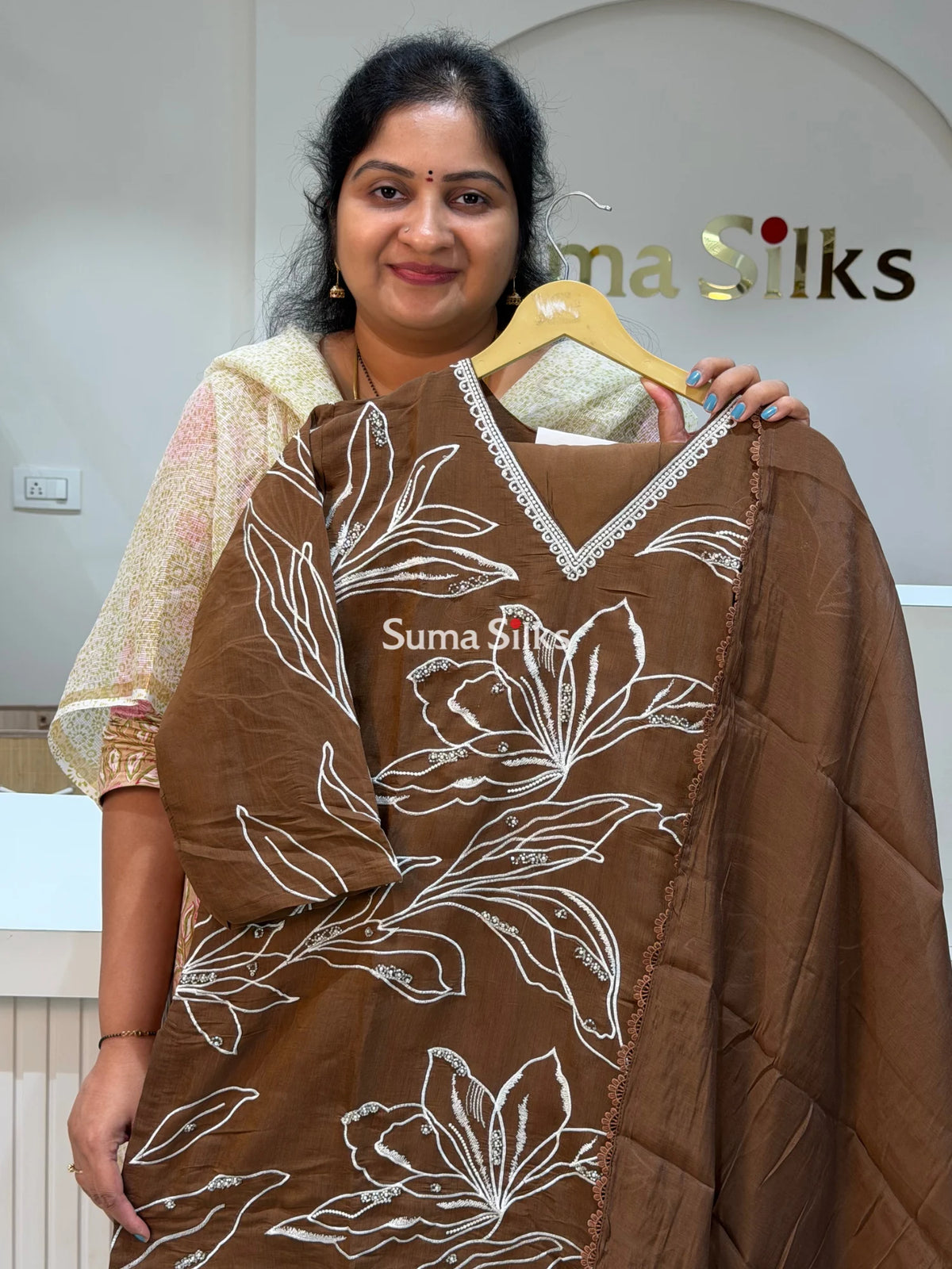 Mul Chanderi Suit Set Brown Color