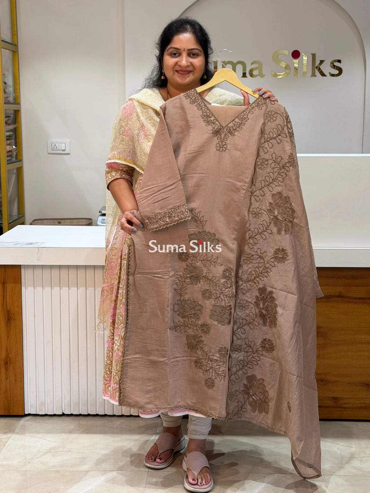 Mul Chanderi Suit Set Light Coffee Color