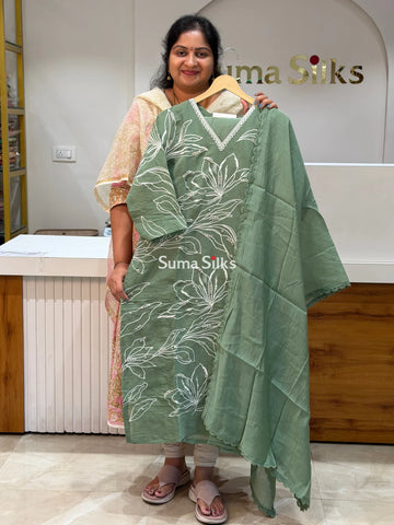 Mul Chanderi Suit Set Pista Color