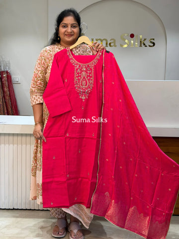 Mul Chanderi Suit Set Rani Pink Color