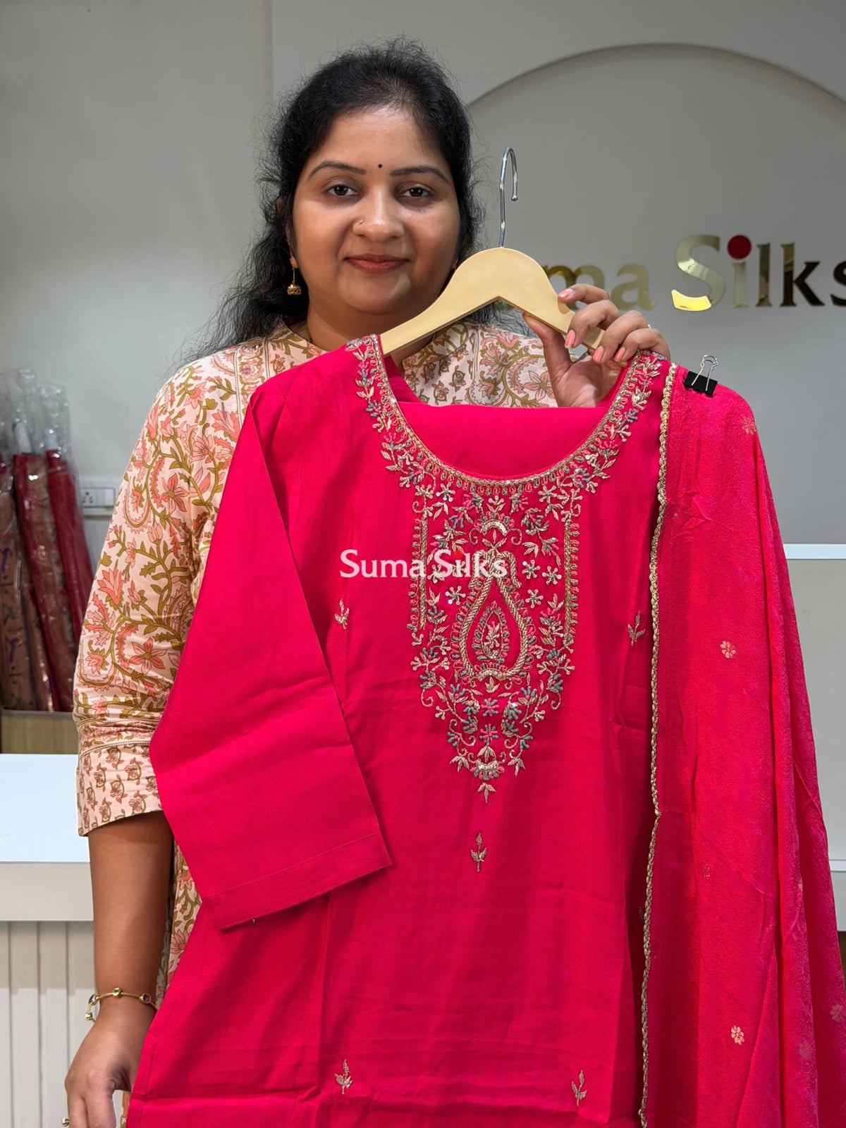Mul Chanderi Suit Set Rani Pink Color