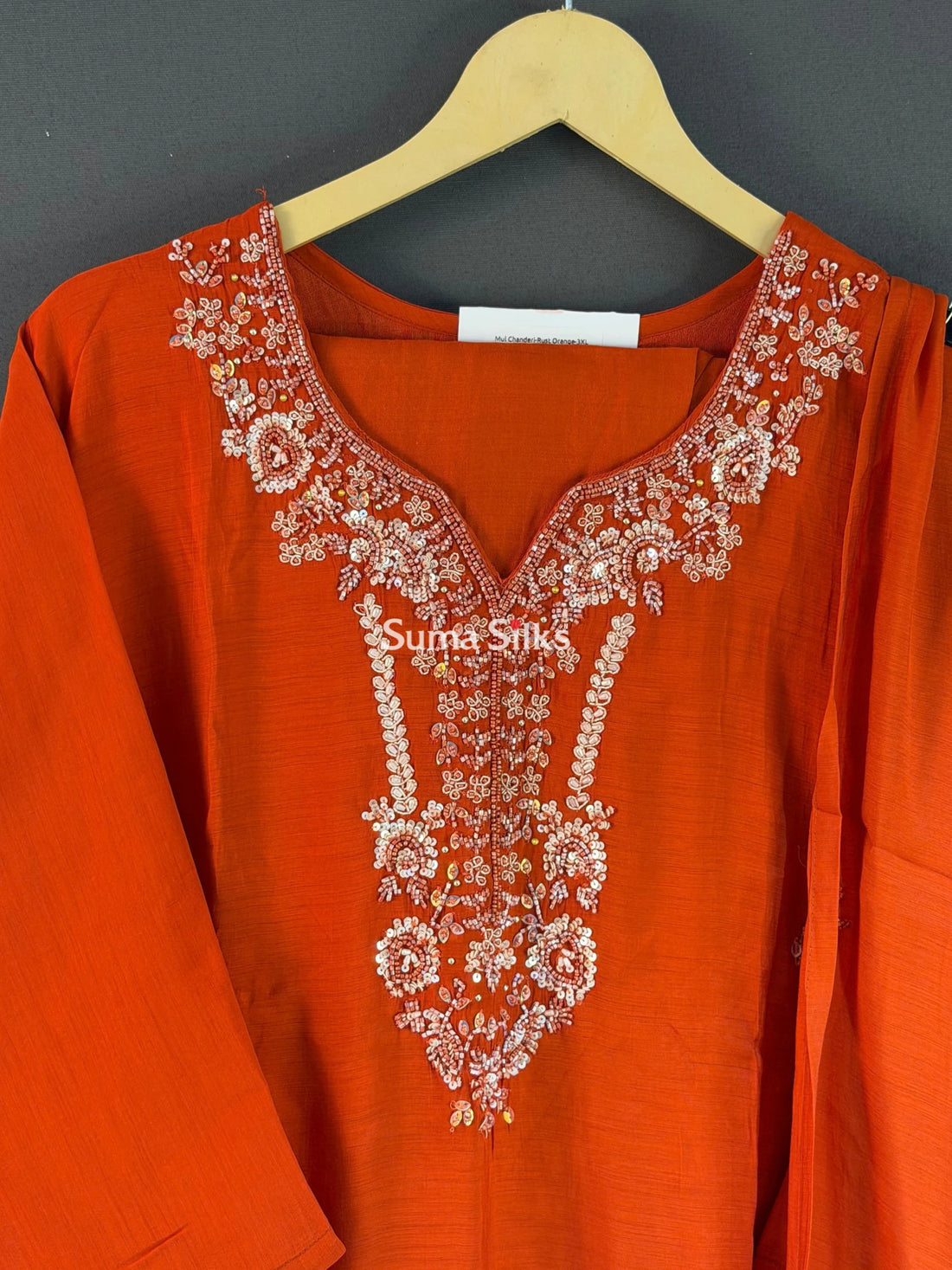 Mul Chanderi Suit Set Rust Orange Color