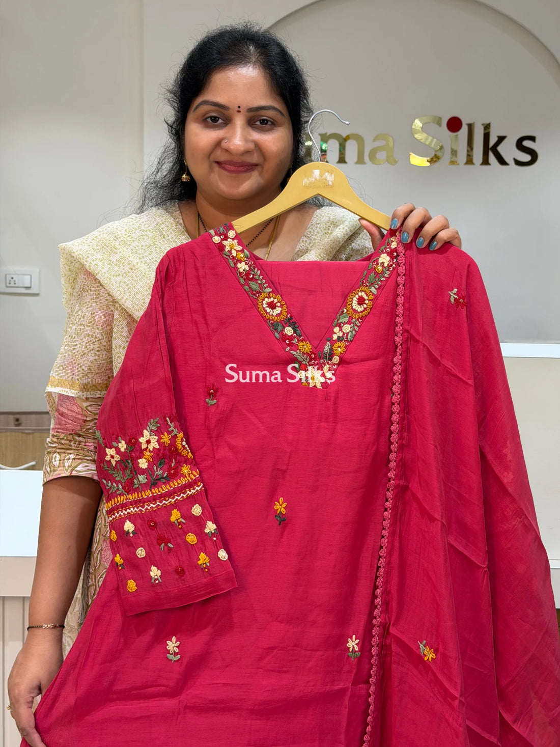 Mul Chanderi Suit Set Strawberry Pink Color