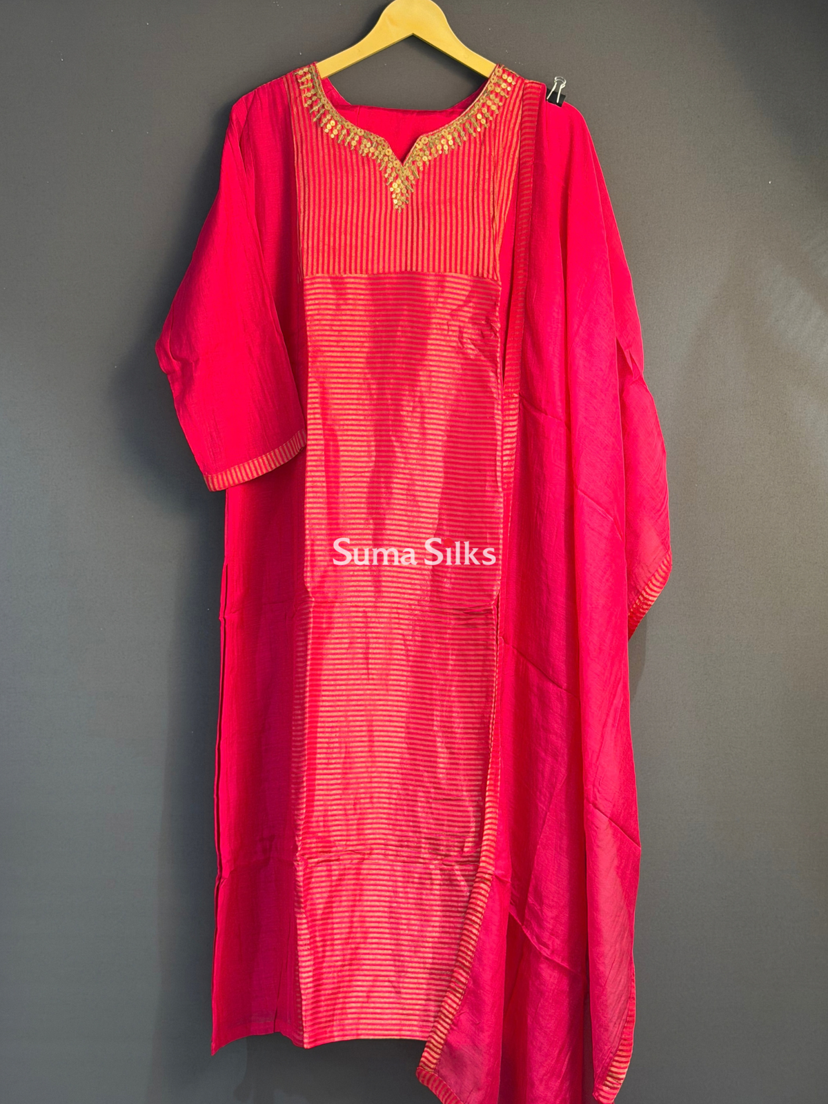 Mul Chanderi Tissue Stripes Suit Set Rani Pink Color