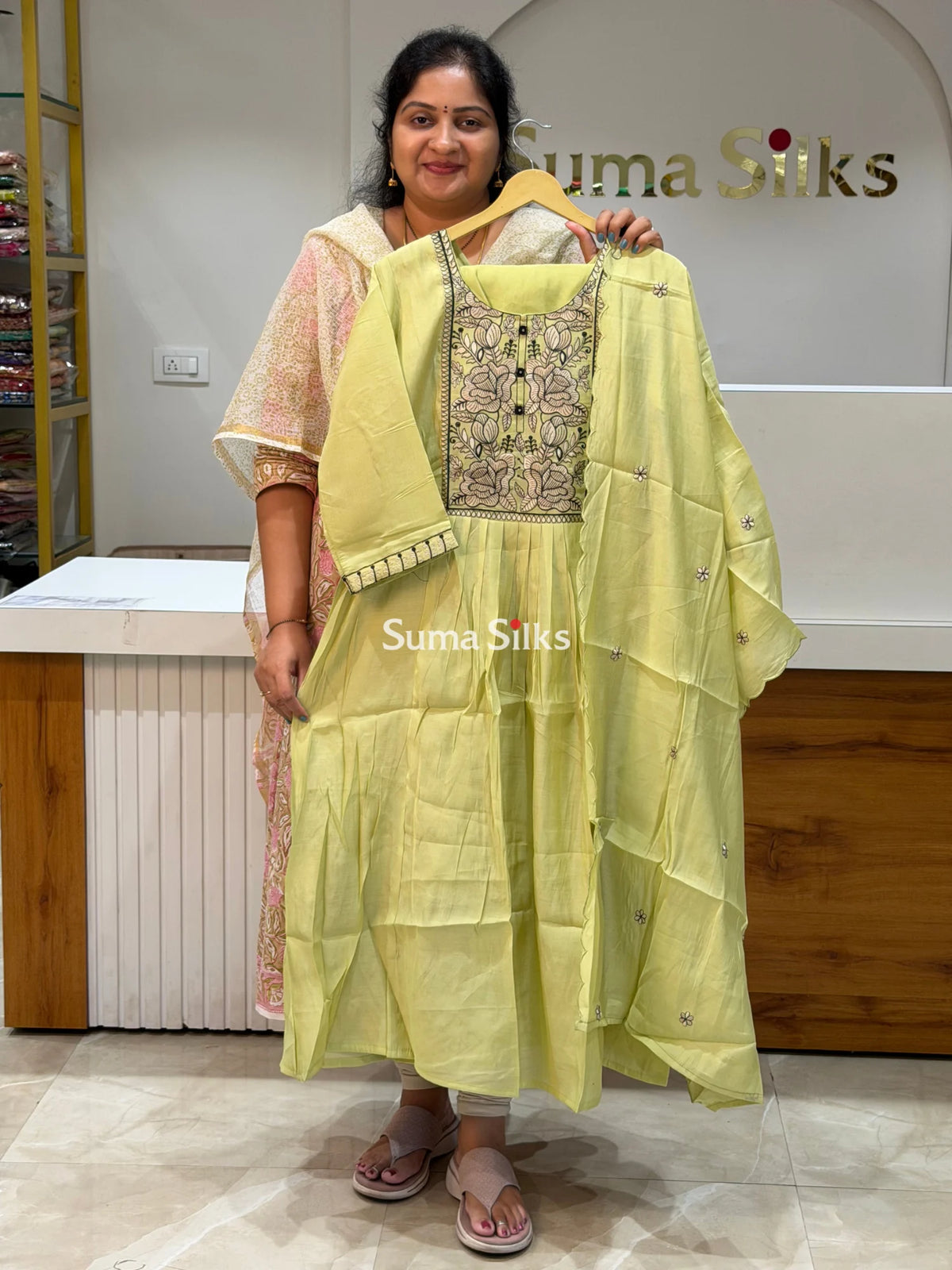 Mul Chanderi A line Suit Set Green Color