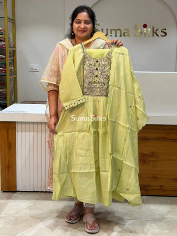 Mul Chanderi A line Suit Set Green Color