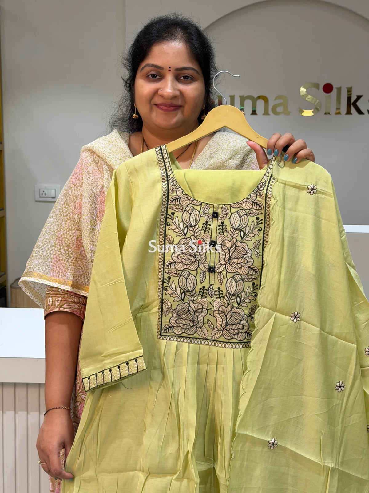 Mul Chanderi A line Suit Set Green Color