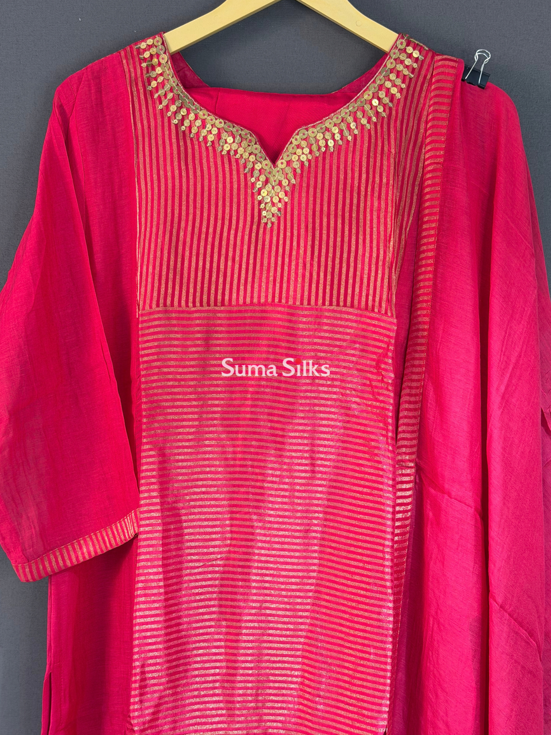 Mul Chanderi Tissue Stripes Suit Set Rani Pink Color