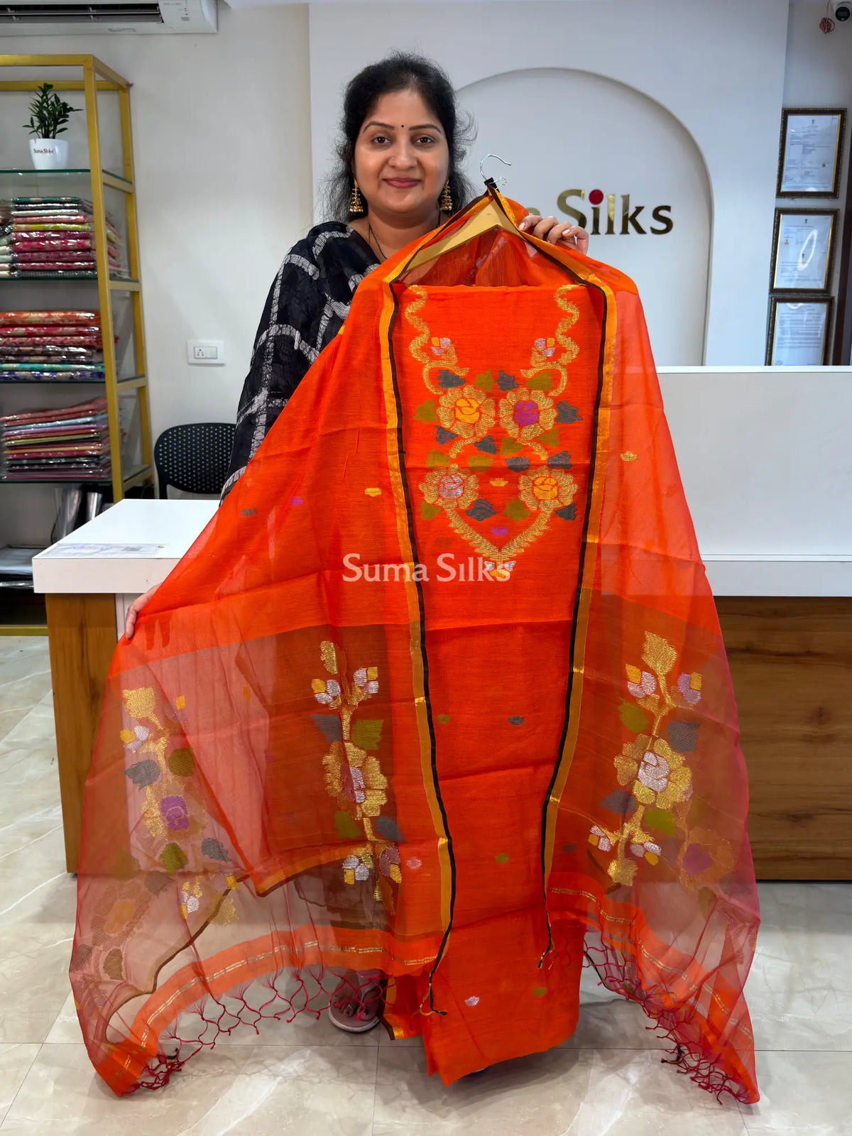 Muslin Jamdani Flower Neck Pattern Orange