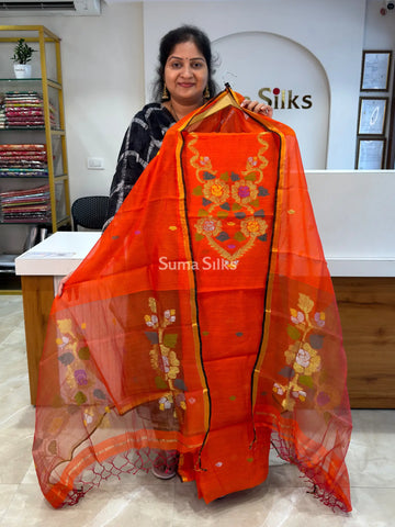 Muslin Jamdani Flower Neck Pattern Orange