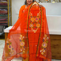 Muslin Jamdani Flower Neck Pattern Orange