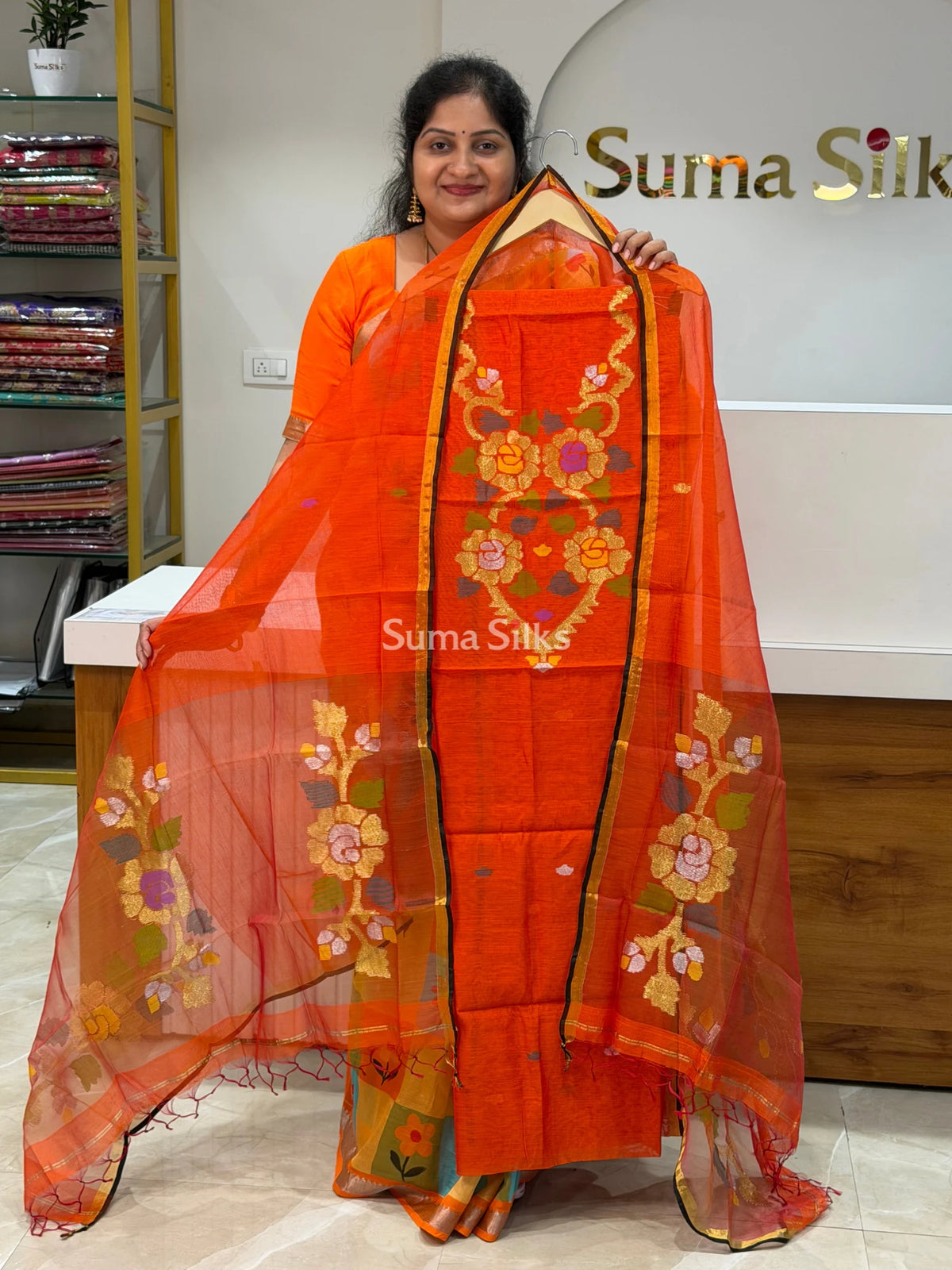Muslin Jamdani Flower Neck Pattern Orange