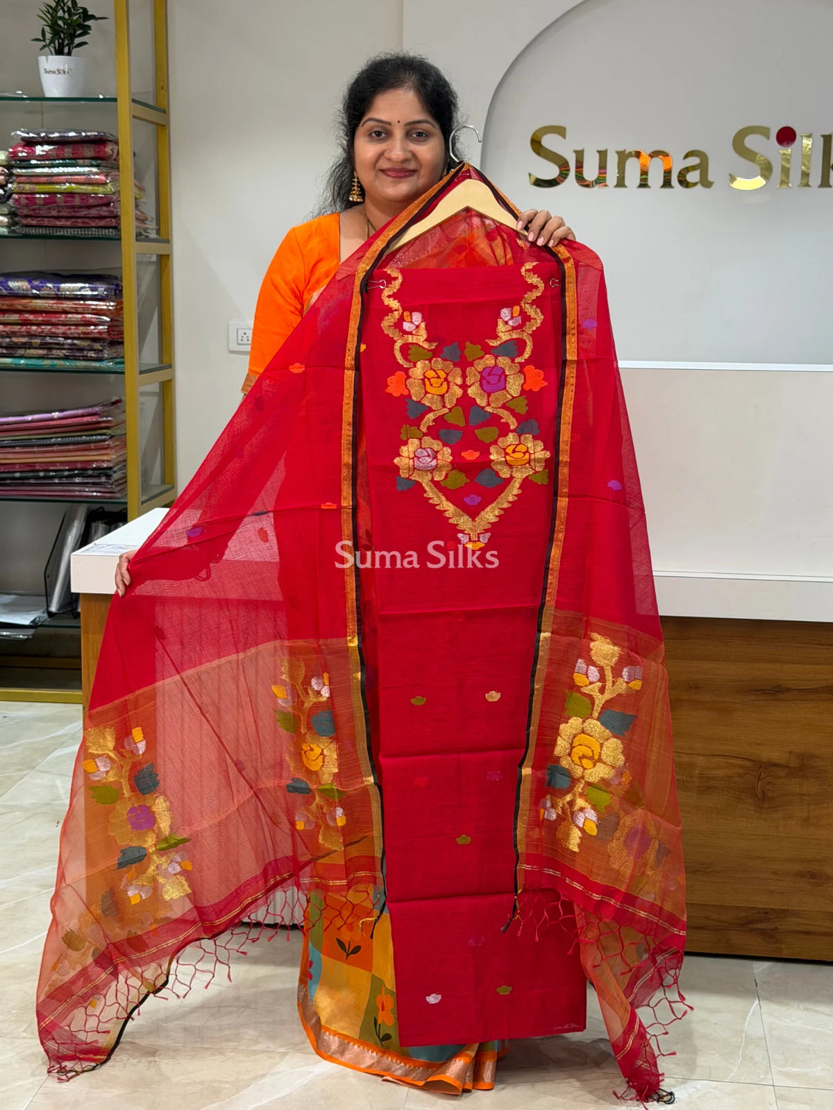 Muslin Jamdani Flower Neck Pattern Red